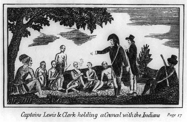 Lewis and Clark holding council with the Indians; From Patrick Gass's journal, 1810