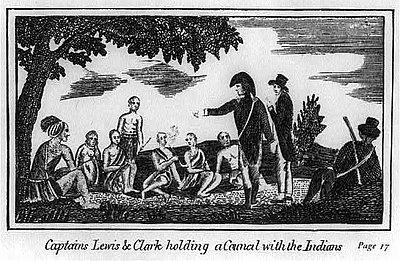 Lewis and Clark holding council with the Indians; From Patrick Gass's journal, 1810
